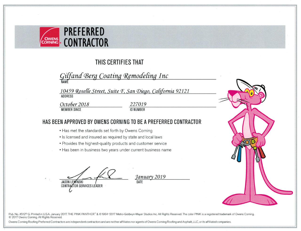 owens corning certificate