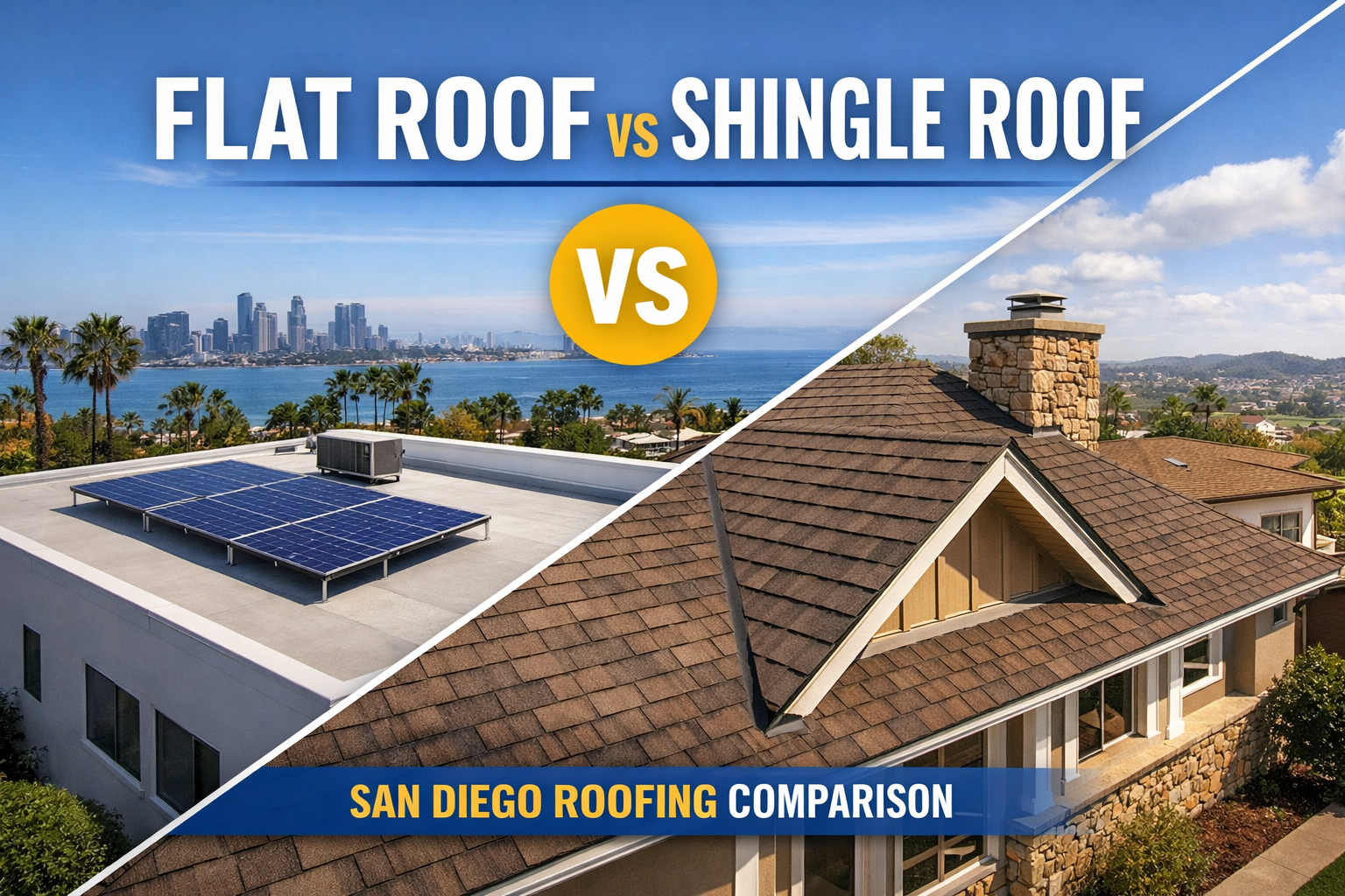 Flat Roof Vs Shingle Roof | San Diego Roofing Company – Gbc Remodeling Flat Roof Vs Shingle Roof Comparison By A San Diego Roofing Company For Residential Homes