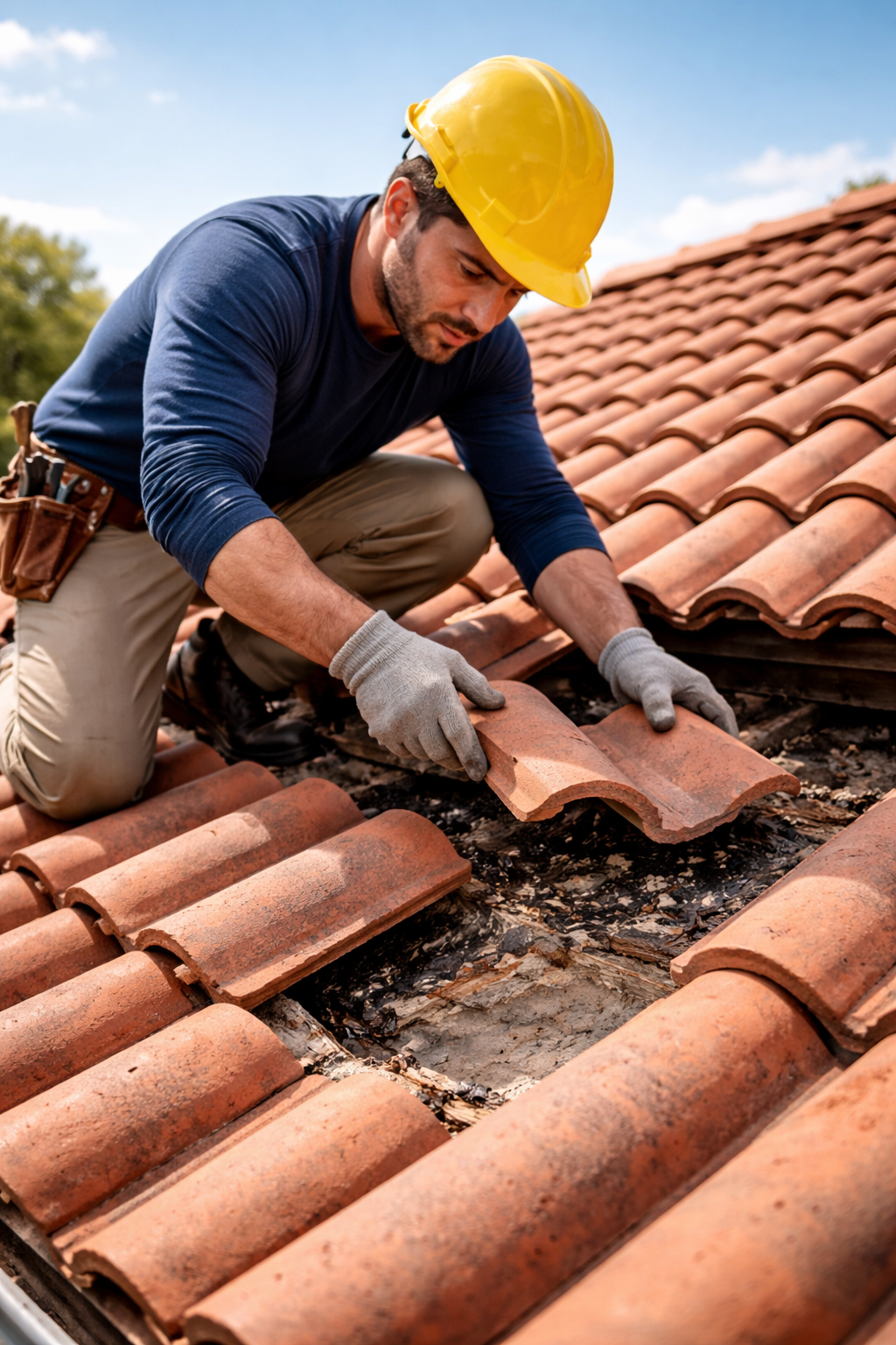 San Diego Roof Leak Repair | Tile Roofing Experts At Gbc Remodeling San Diego Roof Leak Repair On Tile Roof With Professional Roofer Replacing Damaged Tiles And Fixing Underlayment By Gbc Remodeling