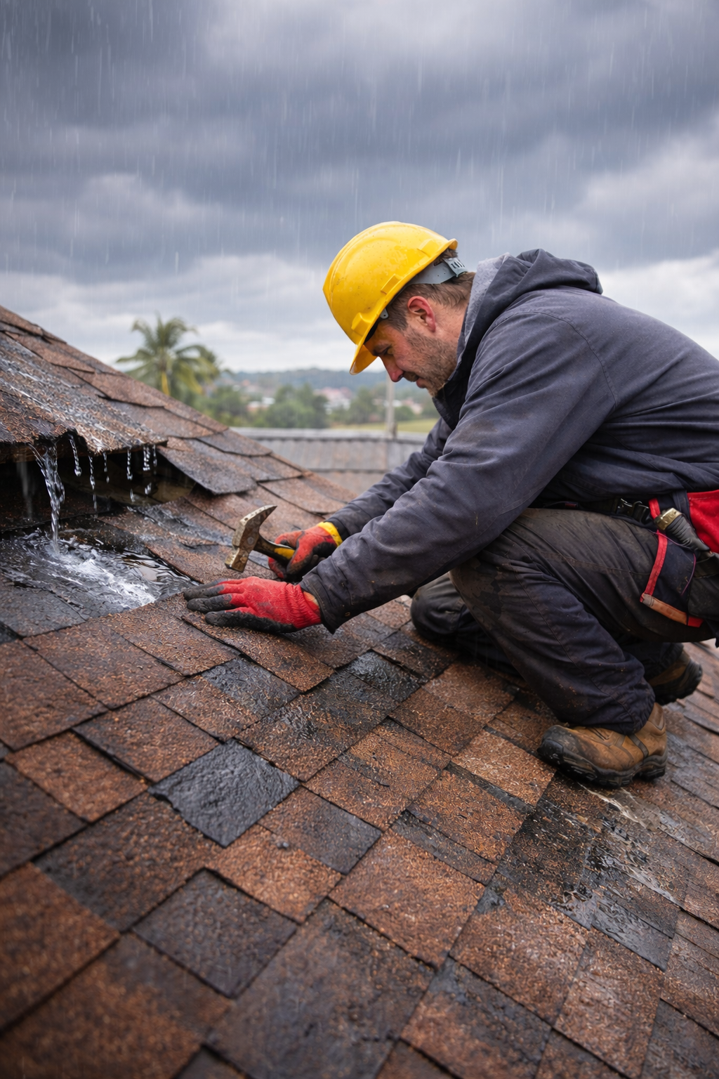 Professional Roofer Repairing A Leaky Roof In San Diego During A Rainstorm For Gbc Remodeling
