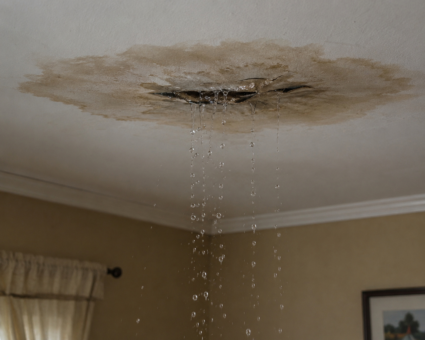 Leaky Roof Repair San Diego | Ceiling Water Damage Warning Signs Leaky Roof Repair San Diego Home With Water Dripping Through Damaged Ceiling And Visible Water Stains