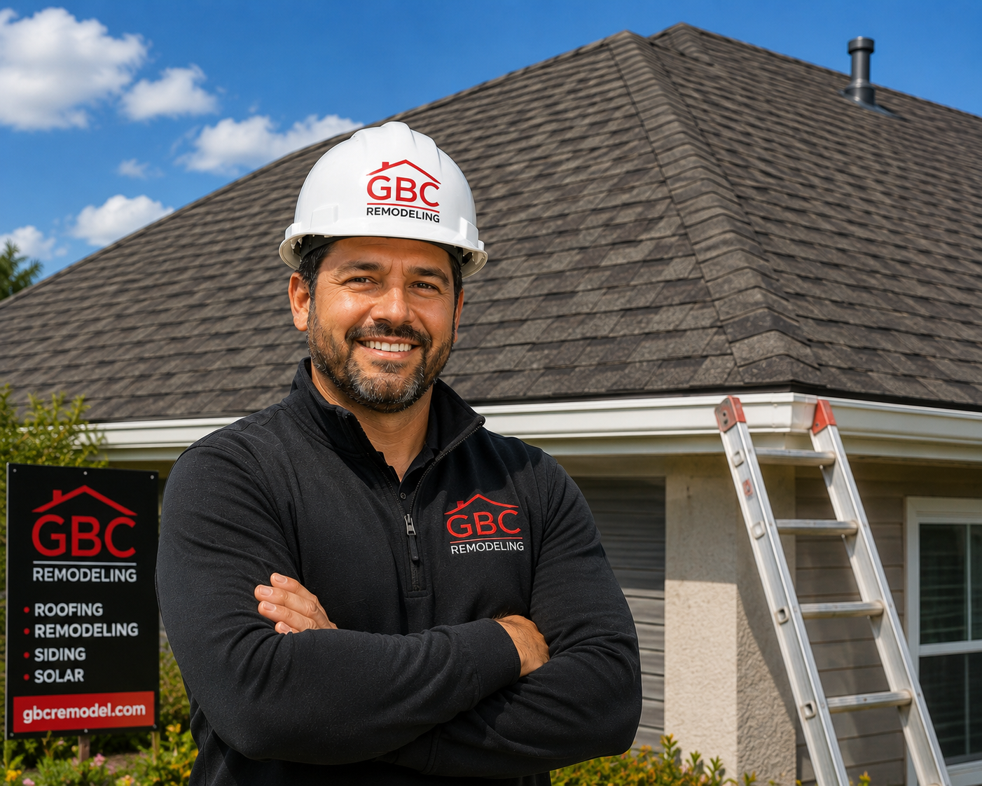 Roof Contractor San Diego Standing In Front Of A Newly Installed Asphalt Shingle Roof At A Residential Home