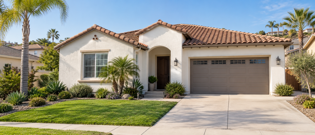 Cream Stucco Home With A Tile Roof, Palm Trees, And A Landscaped Front Yard
